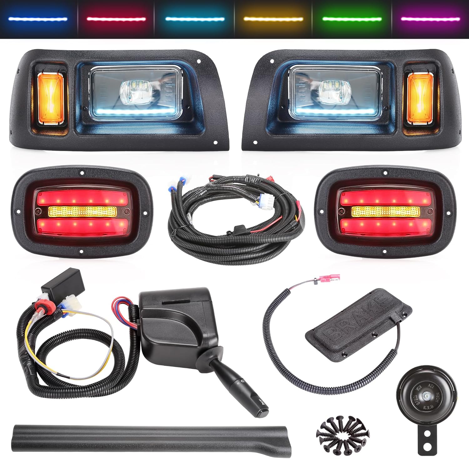 10L0L Deluxe Golf Cart Light Kit for Club Car DS 12V-60V, Full Headlight Taillight Kit with RGB Daytime Running Lamp Low High Beam Turn Signal Horn Brake Pad Hazard Blinker
